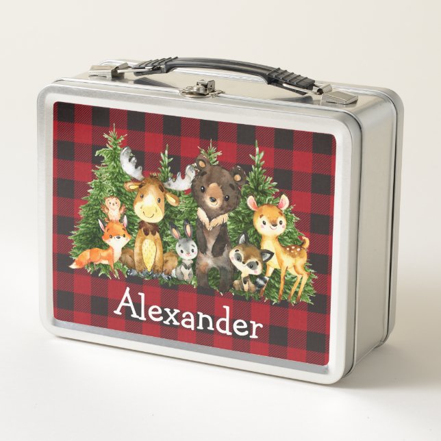 Lunch Box Aquarelle Bois Forêt Animaux Rouge Plaid (Devant)
