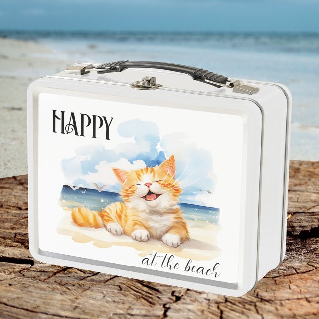 Lunch Box Aquarelle Cute Kitten à la plage (Lunch Box featuring a watercolor painting of a cute happy kitten on the beach)