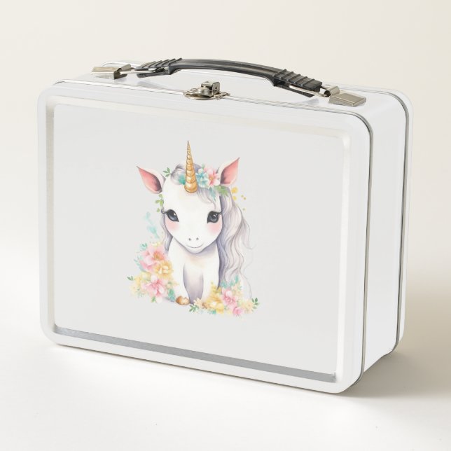 Lunch Box Aquarelle en métal blanc Unicorne (Devant)