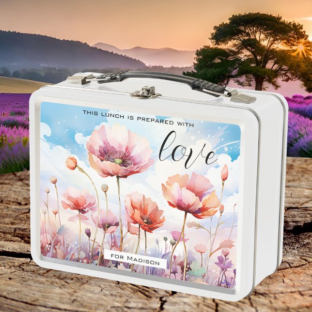 Lunch Box Aquarelle Fleur sauvage Artiste (Lunch Box featuring a watercolor painting of wildflowers and poppies)
