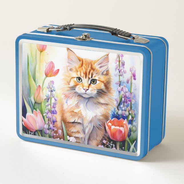 Lunch Box Aquarelle Orange Tabby Kitty Chat Dans Le Jardin F (Devant)