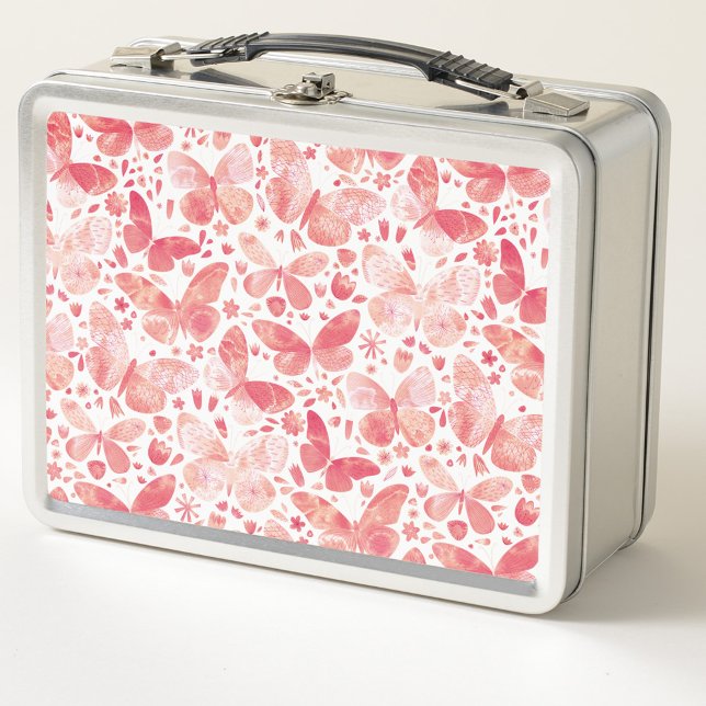Lunch Box Aquarelle Papillon Motif rose (Blush and coral pink watercolor butterfly metal lunch box)