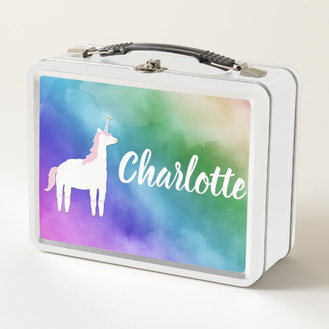 Lunch Box Aquarelle Rainbow Unicorn Nom personnalisé (Devant)