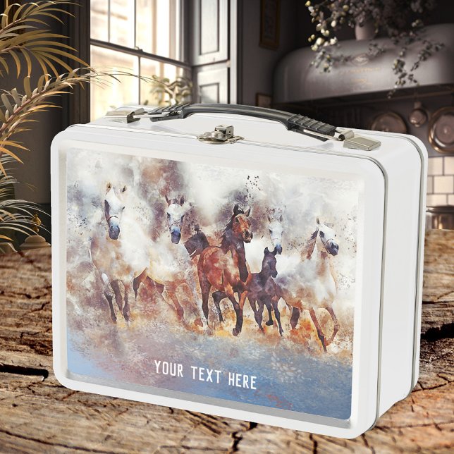 Lunch Box Aquarelle Sauvage Chevaux de course (Lunch Box featuring a watercolor image of wild running horses)