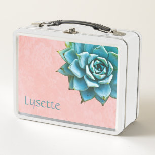 Lunch Box Aquarelle Succulente sur dentelle rose pâle