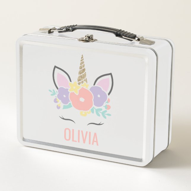 Lunch Box arc-en-ciel Unicorn à visage floral école boîte à  (Devant)