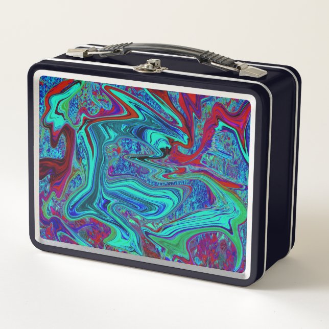 Lunch Box Art abstrait rétro funky en bleu et rouge (Devant)