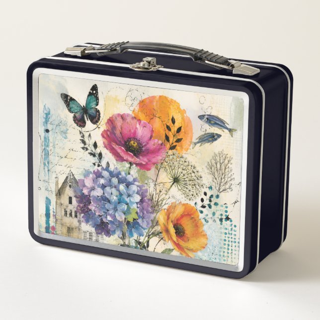 Lunch Box Art de collage mixte botanique vibrant (Devant)