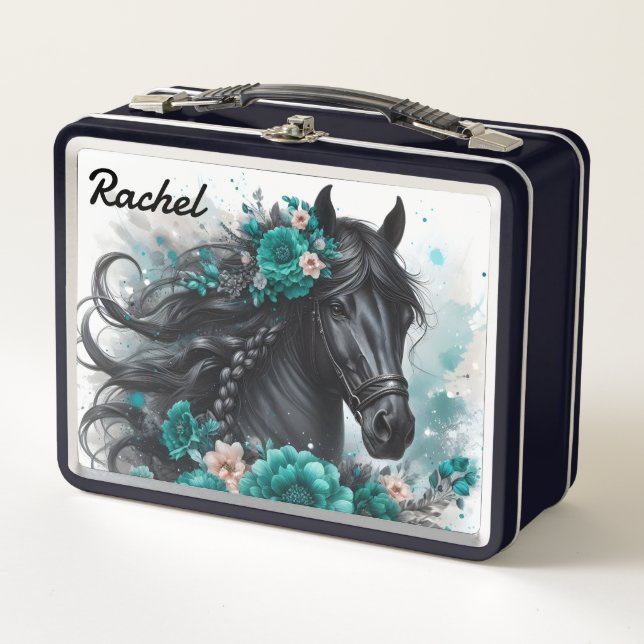 Lunch Box Beau cheval noir avec fleurs sarcelle (Devant)