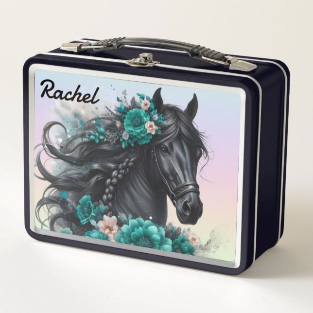 Lunch Box Beau cheval noir avec fleurs sarcelle (Créateur téléchargé)