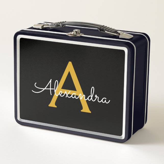 Lunch Box Black Gold Modern Script Girl Monogramme Nom (Devant)