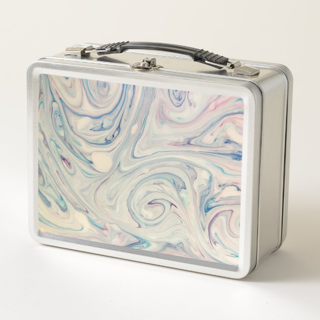 Lunch Box Bleu blanc rose moderne Fluid Marbling Art Abstrai (Devant)