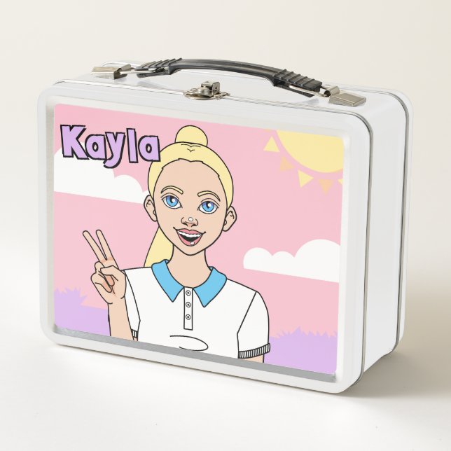 Lunch Box Blonde Cartoon Girl Pastel Pink School Student (Devant)