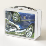 Lunch Box Blue 1957 Chevy Vintage Car, DIY Name<br><div class="desc">Blue 1957 Chevy Vintage Car photo with chrome engine and personalized name in white text. Click “Customize” to easily change colors and type styles.</div>