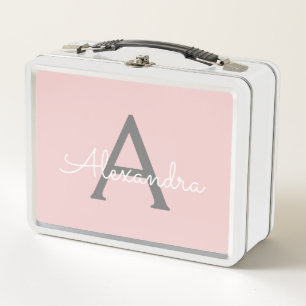 Lunch Box Blush Pink Grey Modern Script Girly Monogram