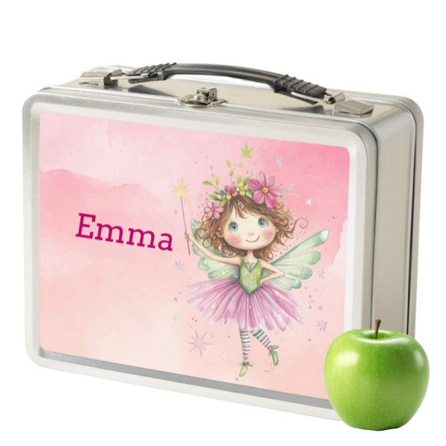 Lunch Box Boîte à lunch en métal pour enfants - Fée rose per (KIDS LUNCHBOXES - Pink Watercolour Pastel, Cute Fairy Personalised Lunch Box/Snack Box)