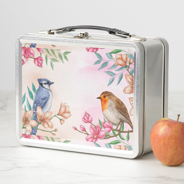 Lunch Box Boîte à lunch en métal pour oiseaux (A beautifully designed lunchbox with floral and bird illustrations, the birds sit on tree branches.)