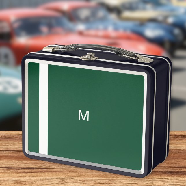 Lunch Box Boîte en fer rétro élégante avec initiale de monog (A stylish tin metal lunch box in British racing green, with monogram initial and simple white stripe)
