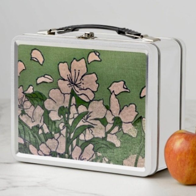 Lunch Box Boîte métallique à cascade de fleurs roses (Metal lunch box D: 6.75” l x 8.625” w x 3.75” h. 12 oz. Food safe tin plate. Choice of 6 base colors)