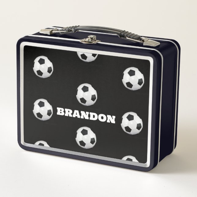 Lunch Box Boys Soccer Ball Black Stylish Custom Name Kids (Devant)