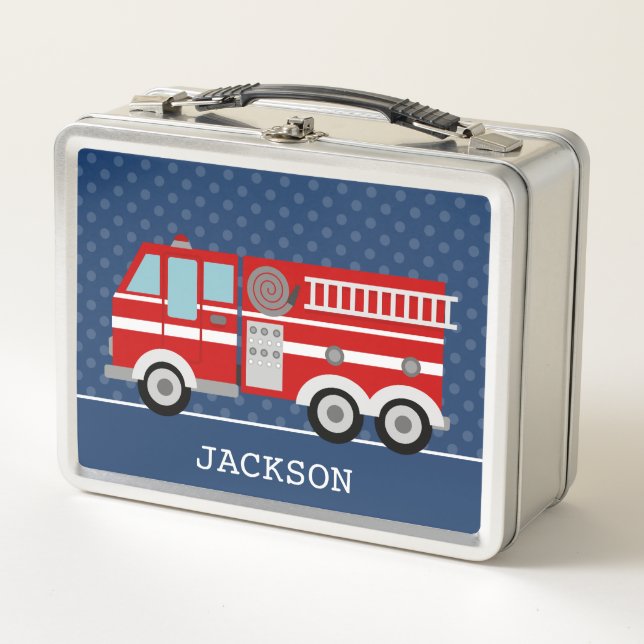Lunch Box Camion d'incendie Marine Blue Polka Dot Enfants pe (Devant)