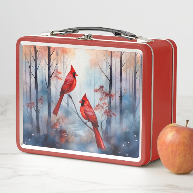 Lunch Box Cardinaux rouges dans une forêt brumeuse (En situation)