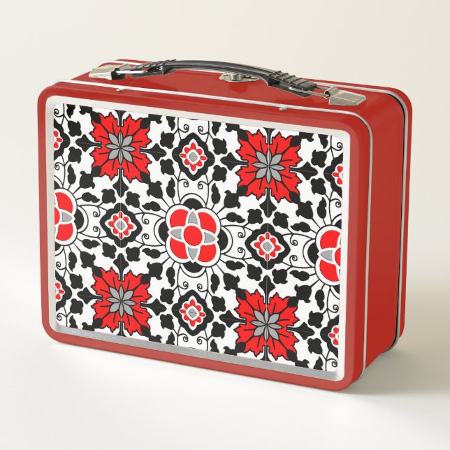Lunch Box Carrelage marocain floral, rouge profond, noir et  (Dos)