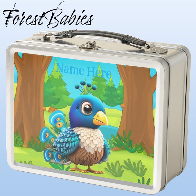 Lunch Box Carton d'oiseau Peacock Whimsical Unique (Peacock, Silver ForestBabies Lunch Box)