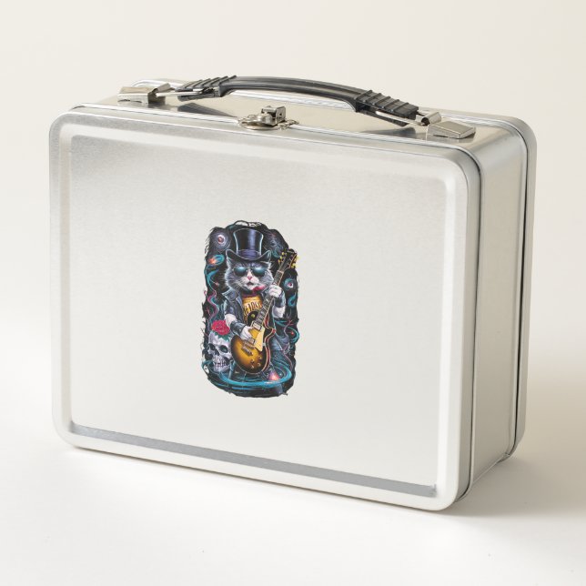 Lunch Box Cat Playing Guitar Rock & Roll 80s 90s Rock Band C (Devant)