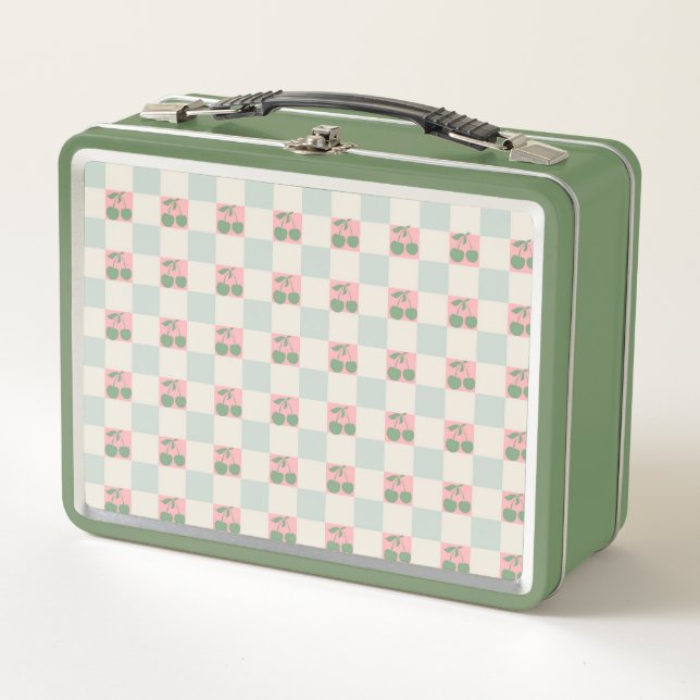 Lunch Box Cerise esthétique rose verte À damiers Motif Y2K (Devant)