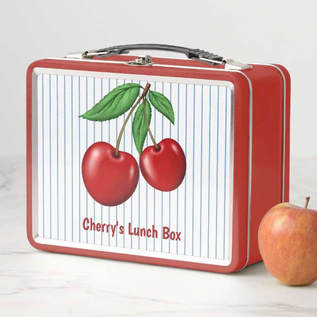 Lunch Box Cerises rouges sur Bleu Motif graphique (En situation)