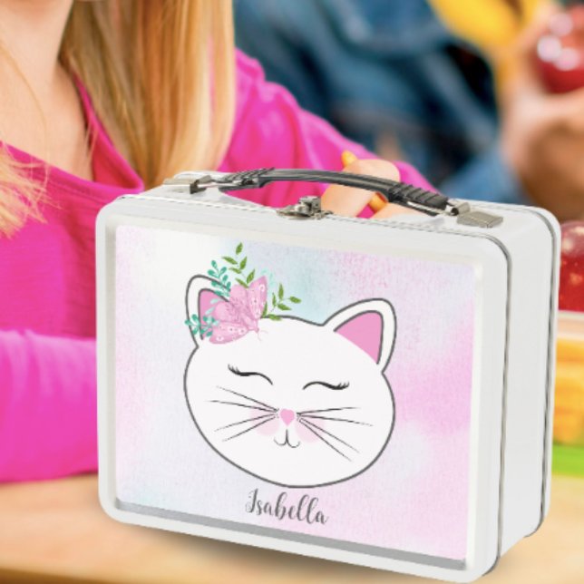 Lunch Box Chat avec papillon rose personnalisé (This adorable Kitty lunch box will sure to be a success at school!)