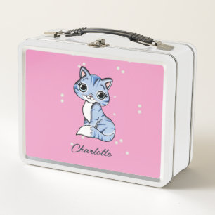 Lunch Box Chat bleu mignon sur nom personnalisé rose
