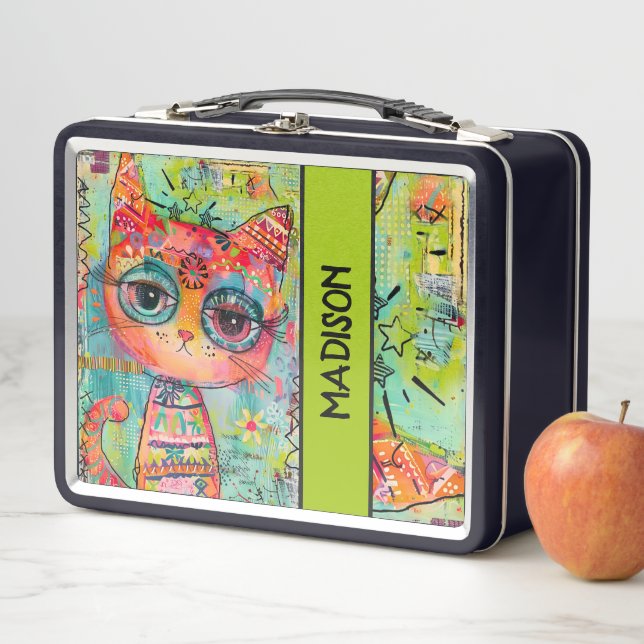 Lunch Box Chat coloré enfant nom personnalisé (En situation)