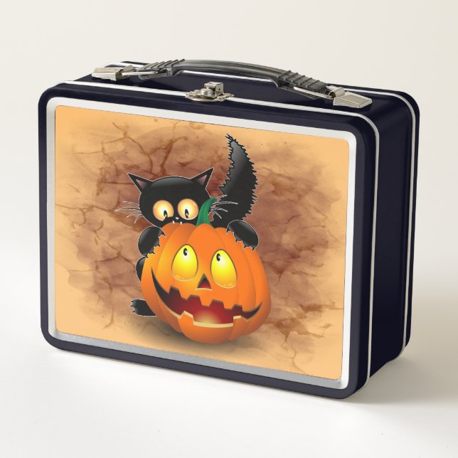 Lunch Box Chat Fun Halloween Caractère mordant un Citrouille (Devant)