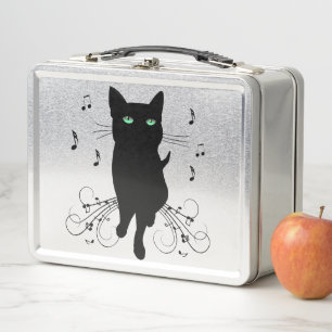 Lunch Box Chat noir entouré de notes de musique murmurantes