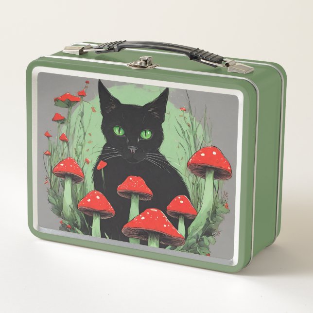 Lunch Box Chat noir et champignons sauvages de la forêt roug (Devant)