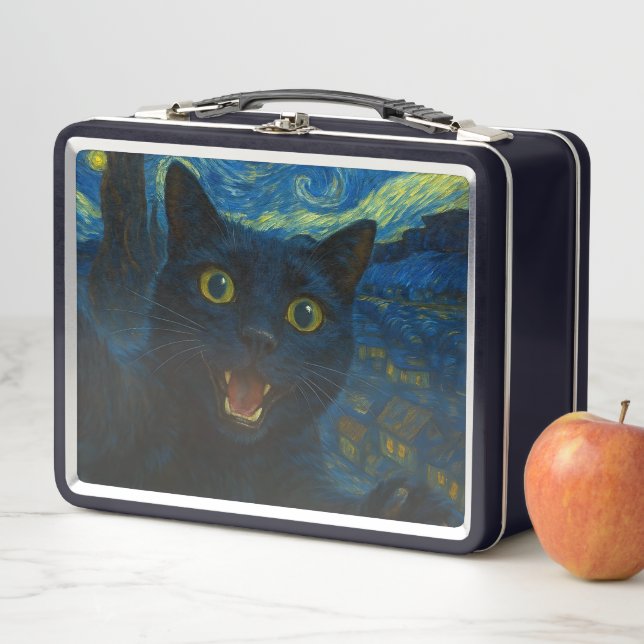 Lunch Box Chat noir Starry Nuit Van Gogh Chat Selfie (En situation)