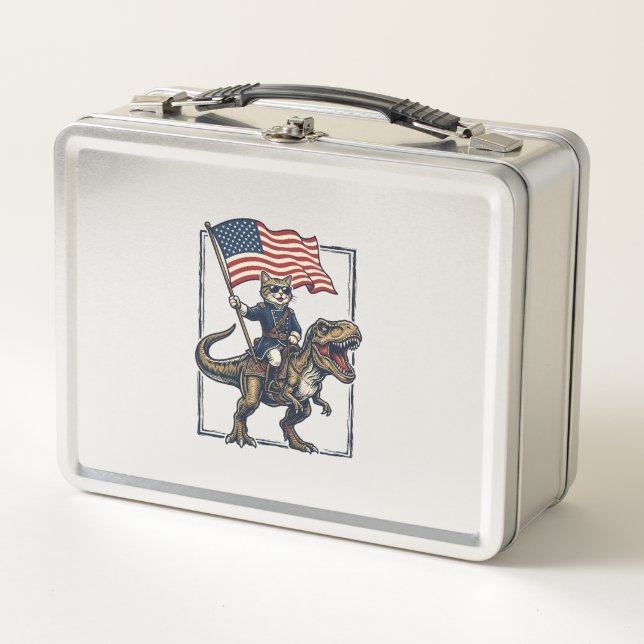 Lunch Box Chat Patriotique à Cheval sur un Dinosaure Design  (Devant)