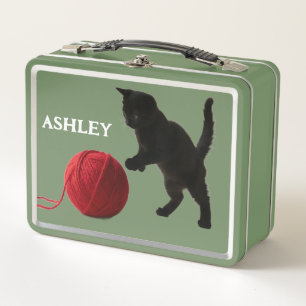 Lunch Box Chat silhouette noire avec balle de laine rouge