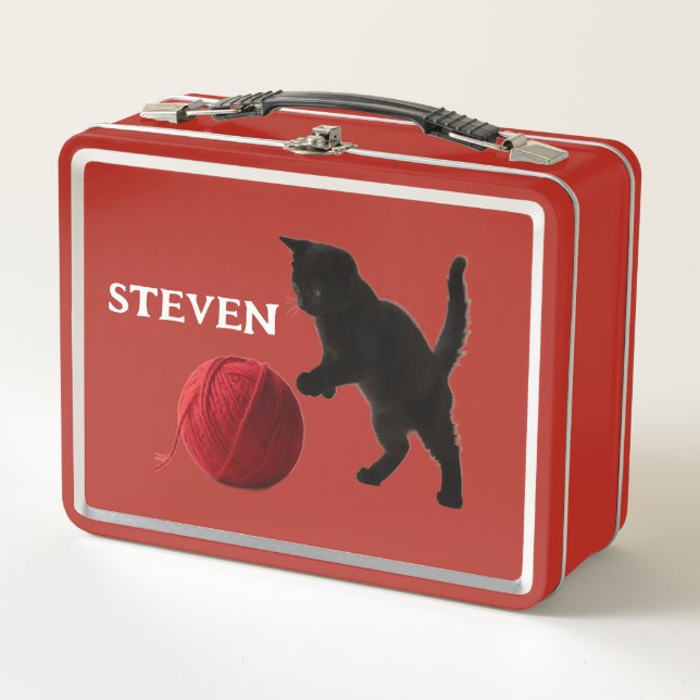 Lunch Box Chat silhouette noire, avec boule de laine rouge (Devant)
