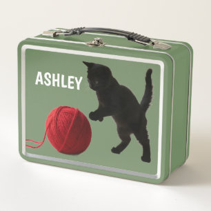 Lunch Box Chat silhouette noire, avec boule de laine rouge d