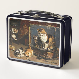 Lunch Box Chat vintage orange noir et blanc avec chatons
