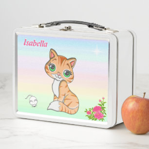Lunch Box Chaton roux, souris & étoile sur des couleurs past