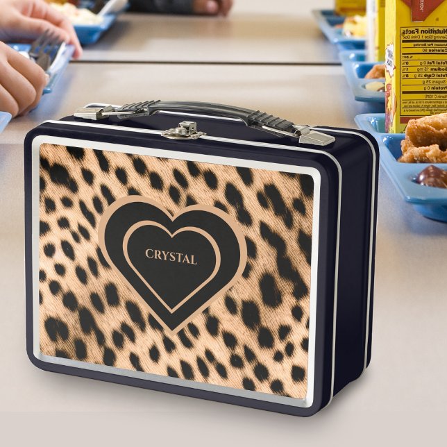 Lunch Box Cheetah Imprimer Motif Tan Brown & Coeur noir (Cheetah Print Pattern Tan Brown & Black Heart Metal Lunch Box)