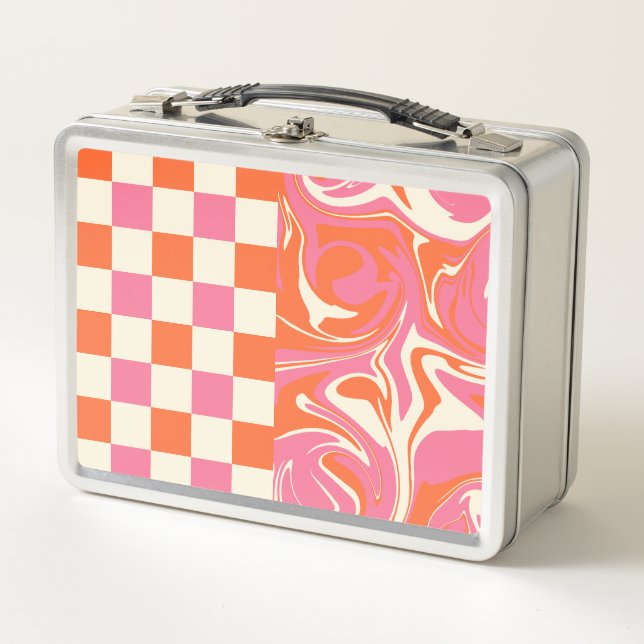 Lunch Box Chèques et tourbillons - rose, orange et crème (Devant)