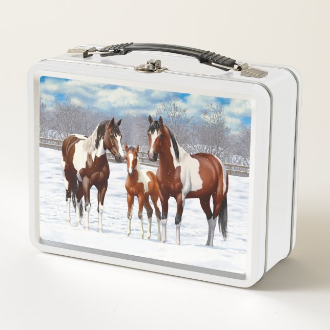 Lunch Box Chevaux De Peinture De Baie Pinto En Neige D'Hiver (Devant)