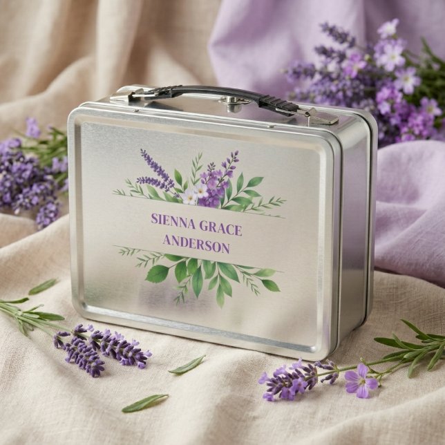 Lunch Box Chic Lavande Printemps Botanique École MH26 (Chic Lavender Floral Botanical Wildflower Faux Watercolor Effect Personalized Metal Lunch Box.)