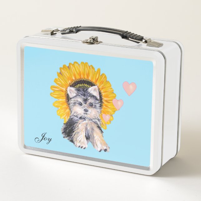 Lunch Box Chien chiot mignon, tournesol et coeurs sur bleu c (Devant)