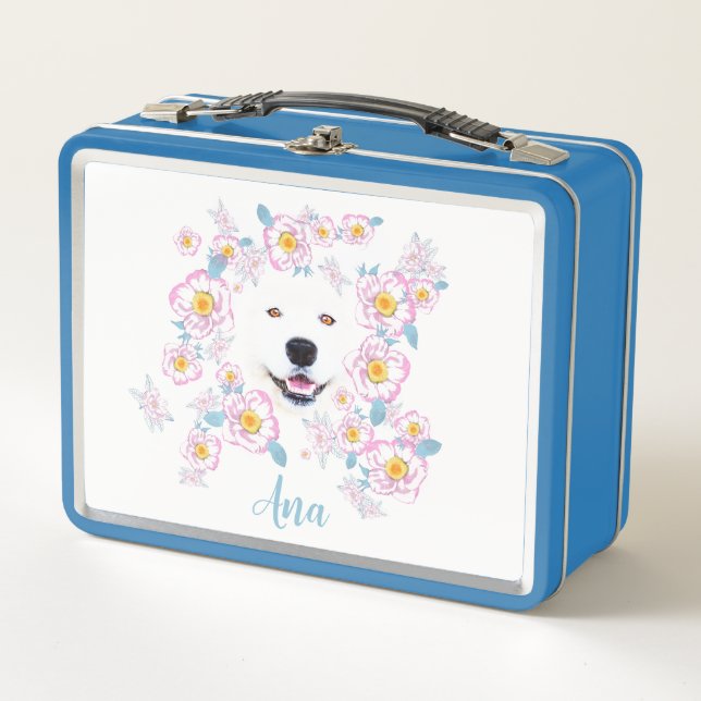 Lunch Box Chien Samoyed et fleurs roses, nom customisé (Devant)
